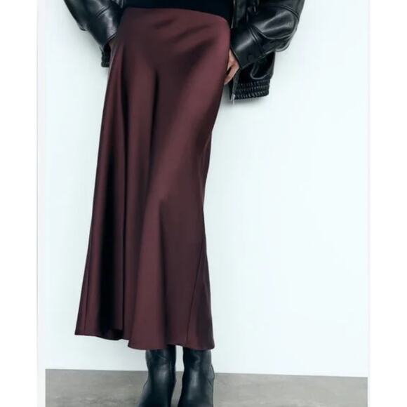 Zara Dresses & Skirts - ZARA Burgundy Satin Effect Slip Midi Skirt Small
